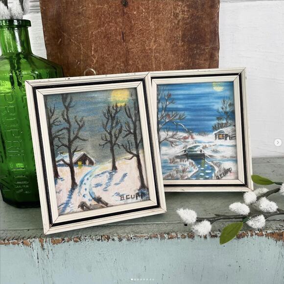 Vintage Winter Scene Pastel Painting Drawing Illustration Signed Framed Glass PR